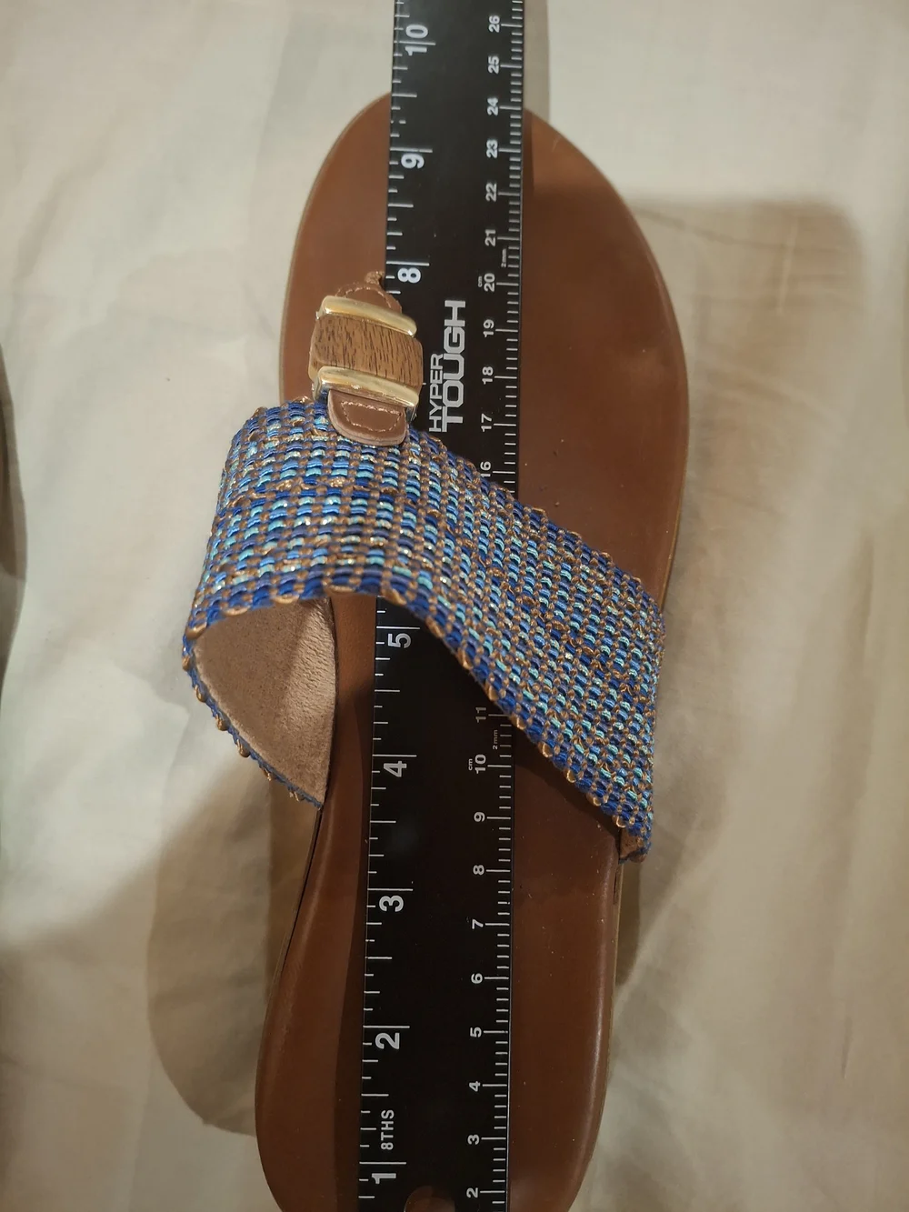 Tan Footbed Blue Woven Strap Slide Sandals